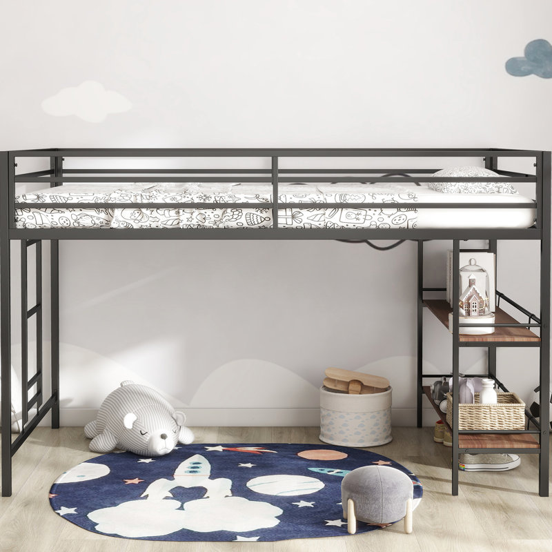 Junior Twin Loft Bed - Metal Frame With Wood Shelf, Guardrails, Noise, No Box Spring Required, Space Saving For Bedroom Black Shelf Easy Installation, Safe