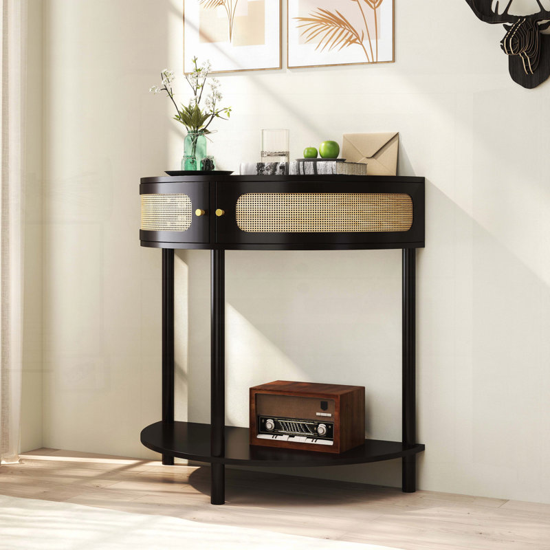 Console demi-lune en rotin avec 2 tiroirs et tablette inférieure, Noir