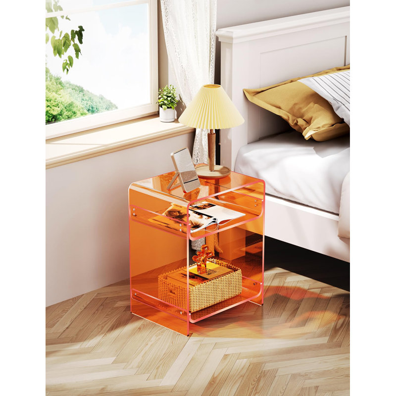 Orange Acrylic Rectangular End Table with Storage Shelf