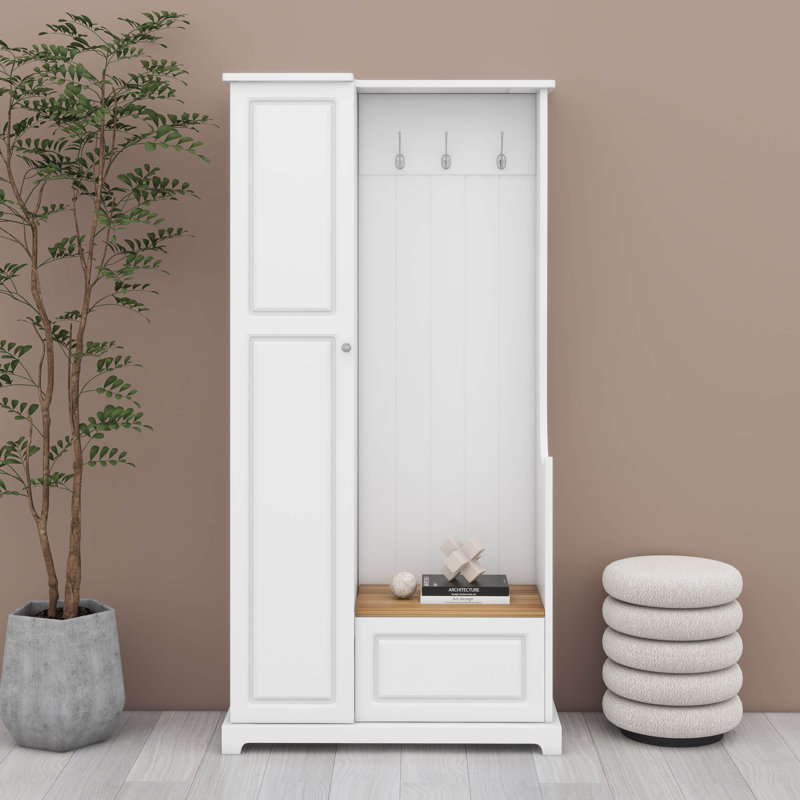Arbre d'entrée élégant avec banc rabattable, armoire à chaussures minimaliste avec tablettes réglables, Blanc