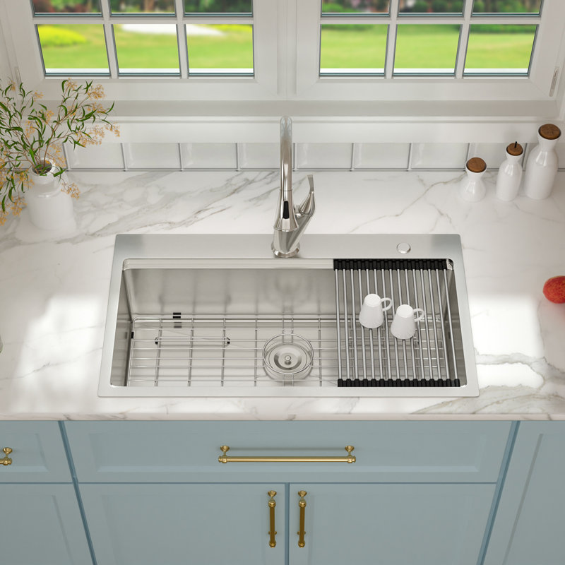 33" L x 19" W Drop-In Kitchen Sink Workstation Single Bowl Sink 16 Gauge Stainless Steel Sink