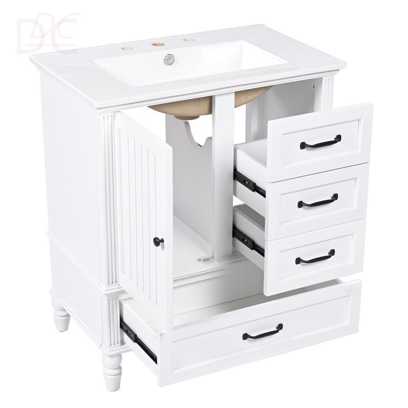 Meuble-lavabo de 30 po avec lavabo, armoire de salle de bain avec porte, trois tiroirs, pieds en bois massif et panneau de fibres à densité moyenne, patins réglables