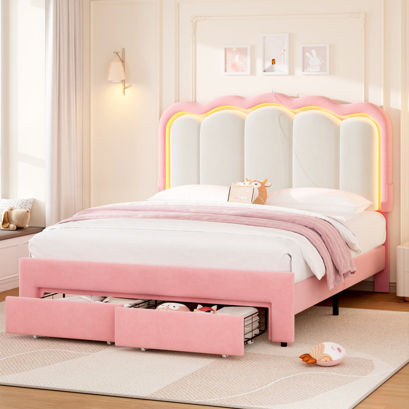 Daphne Upholstered LED Bed Frame With Drawer & Adjustable Headboard, Kids Beds, Queen, Pink