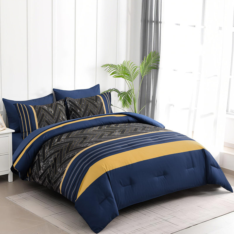 7-Piece Stripe Geometric Comforter Set, Soft Microfiber All-Season Complete Bedding Set, Blue/Yellow