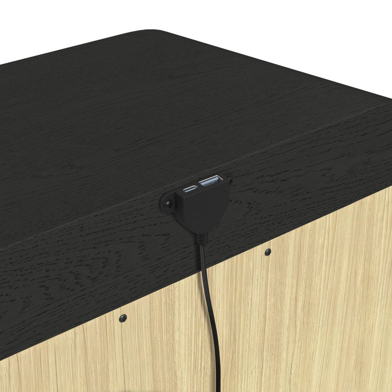 Table de chevet 2 tiroirs Quebillon avec USB en noir avec grain