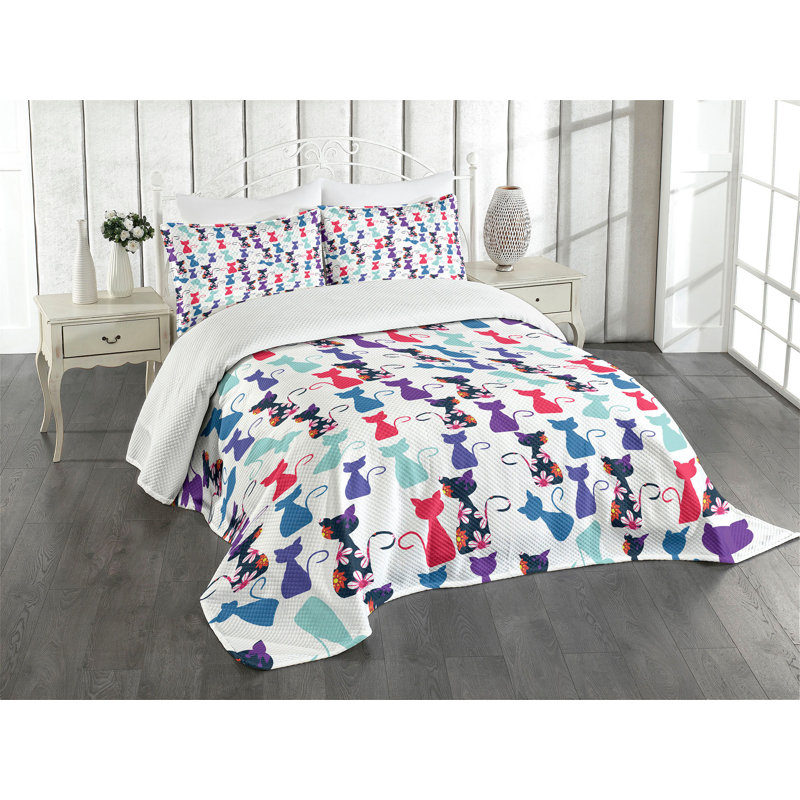 Colorful Cat Print King Quilted Bedspread Set with Shams
