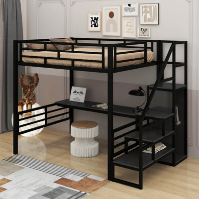 Lit mezzanine double en métal avec bureau, escalier et garde-robe