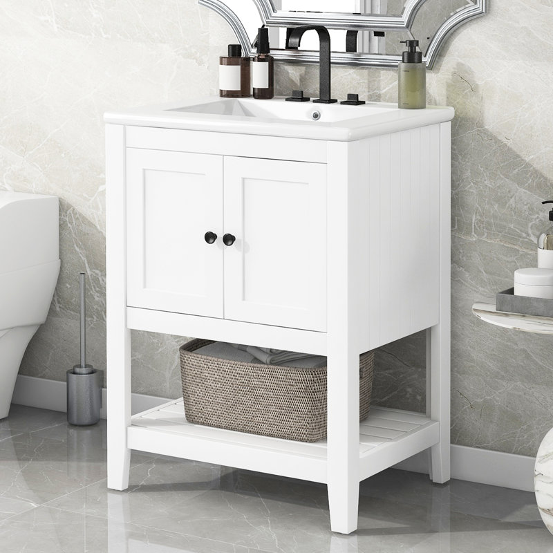 Meuble-lavabo moderne en blanc, lavabo en céramique, bois massif, vaste espace de rangement blanc de 24 po avec options généreuses