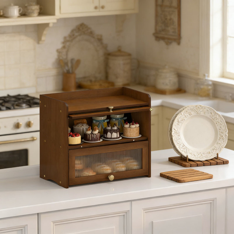 Boîte à pain Vintage Farmhouse avec fenêtre et rangement double couche, contenant à pain en bois de grande capacité pour organisateur de comptoir de cuisine