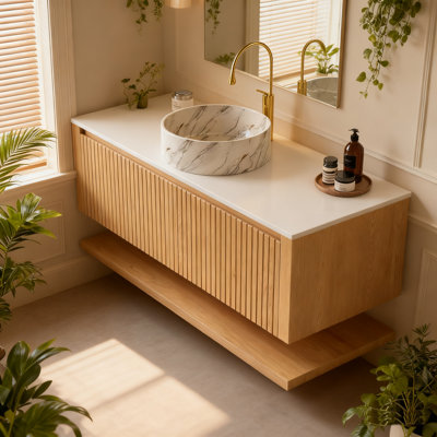 HIZON 48" Floating Bathroom Vanities With Vessel Sink,Fluted Bathroom Cabinet With Drawers And Open Shelf