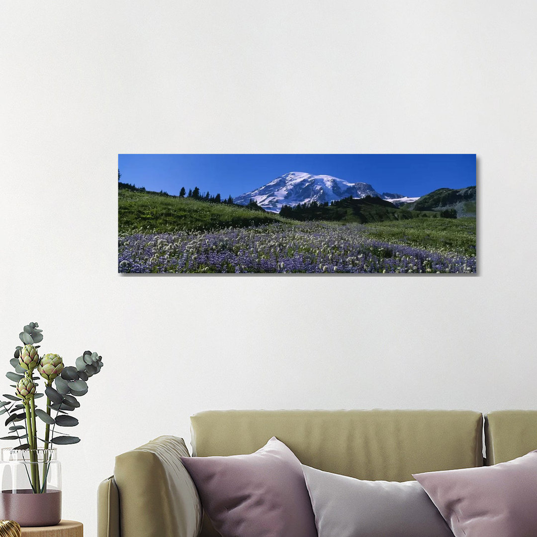 Wildflowers On A Landscape, Mt Rainier National Park, Washington State, USA - Wrapped Canvas Panoramic Print