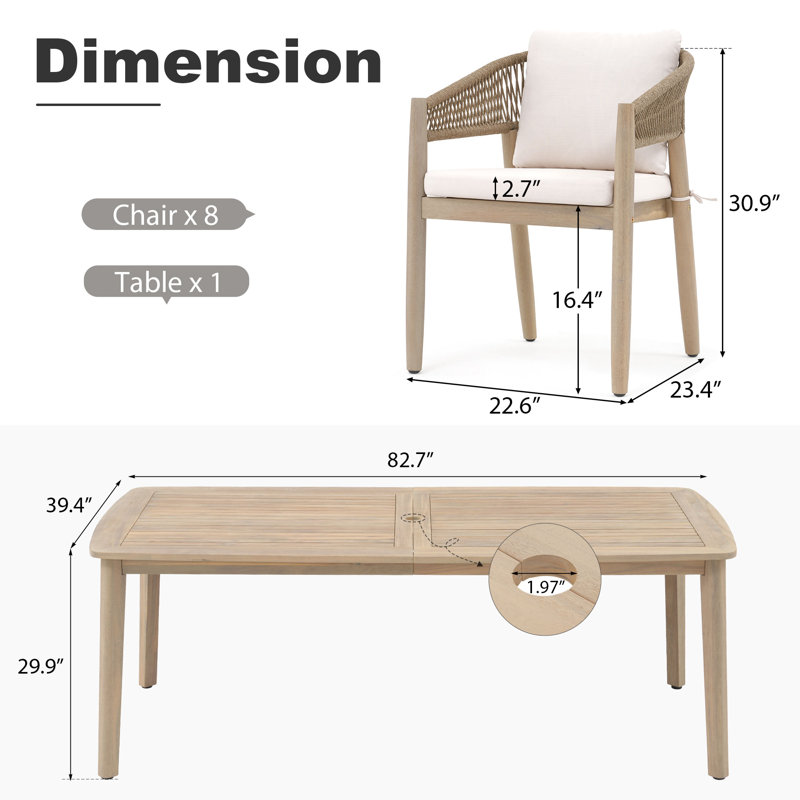 8 - Person Rectangular Outdoor Dining Set With Cushions, 8, 29.9" H x 82.7" W x 39.4" D