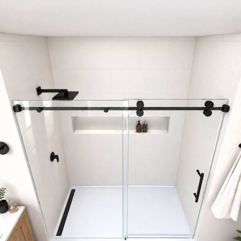 Porte de douche coulissante simple sans cadre de 56 po à 60 po x H 60 po Radiance en noir mat avec verre transparent de 3/8 po Radiance