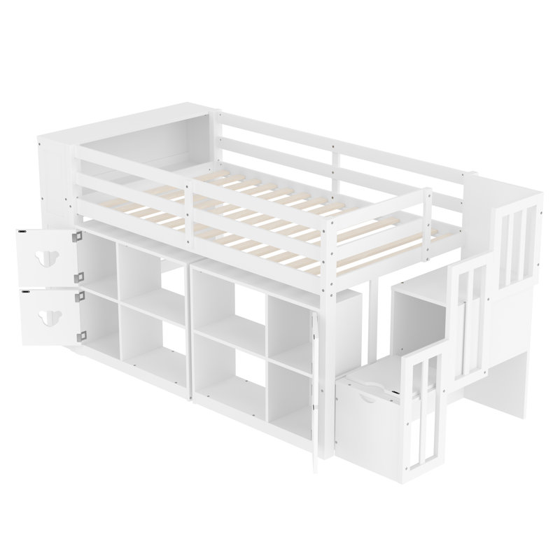 LIT DE LIT DOUBLE DE TAILLE BASSE AVEC TABLETTES, TÊTE DE RANGEMENT ET escalier de couleur blanche, Blanc