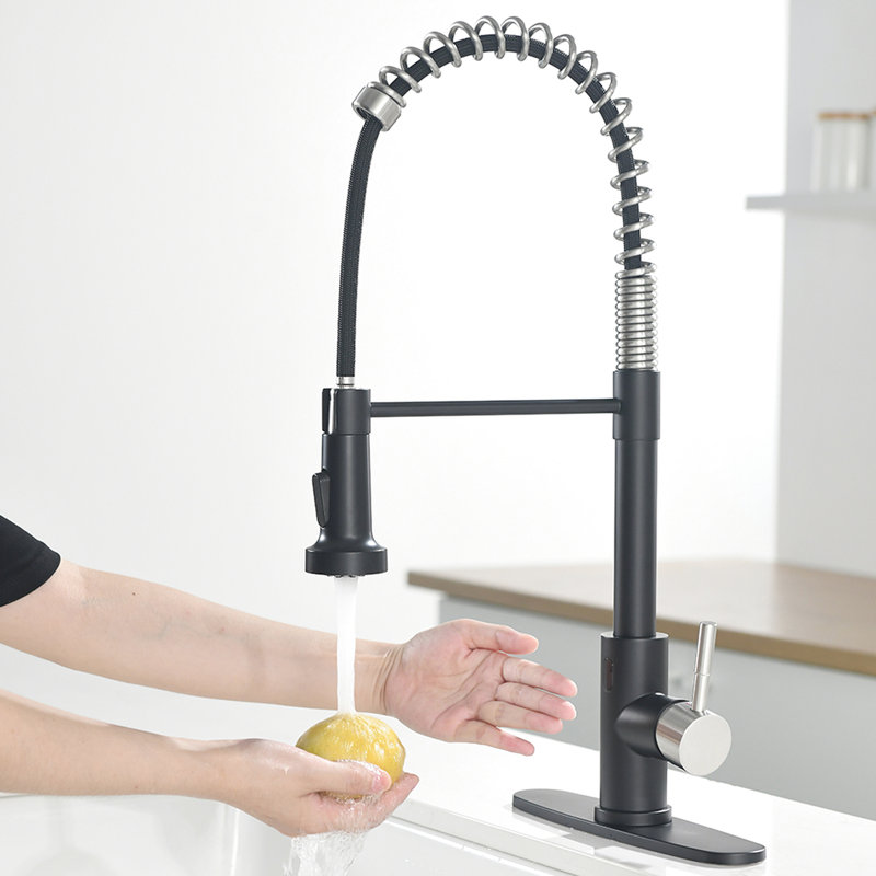 Touchless Kitchen Sink Faucet - Automatic Smart With Pull-Down Contemporary Black And Silver Design Hands Single Handle Motion Sensor Modern Stainless Steel For Sinks