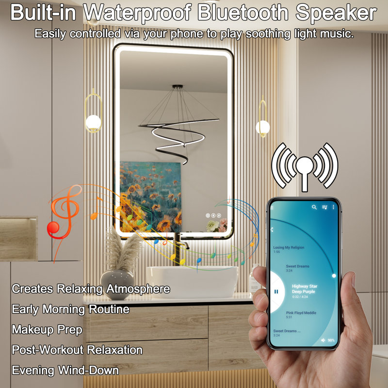 Frame LED Bathroom Mirror with Dual Bluetooth, Front & Back Light, Anti-Fog, 3 Color Temperature & Dimmable Light, IP54 Waterproof, ETL Certified