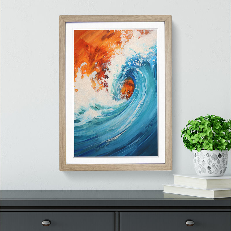 XYZ-FRM-V1223-6473 Wave Modern Action Painting - Single Picture Frame Print on Wood, Oak, 64cm H x 46cm W x 2cm D