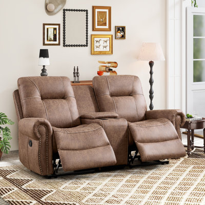 Causeuse inclinable manuelle en microfibre de 76,77 po de largeur avec console centrale et garniture cloutée