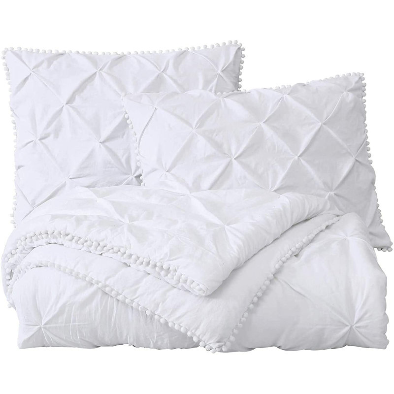 Natalia Washed Microfiber Pom Pom Pintuck Pleat Comforter Set, Full Comforter + 2 King Shams, White