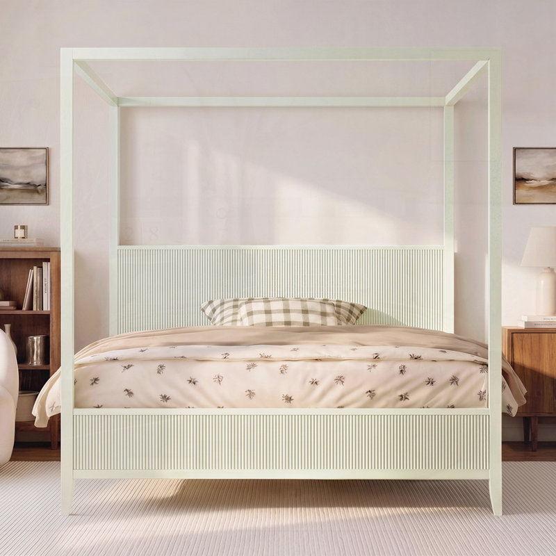 Lit plateforme à baldaquin en bois avec lattes de support, Beige, Grand lit