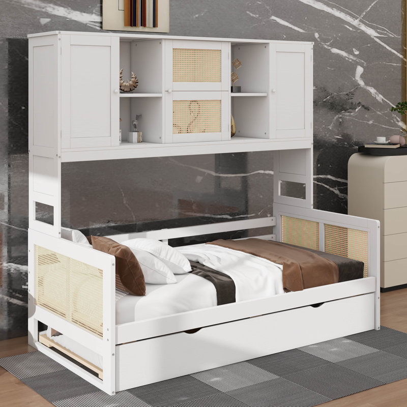 Lit de jour en bois peu encombrant, avec lit gigogne escamotable et compartiments de rangement modulaires, Blanc
