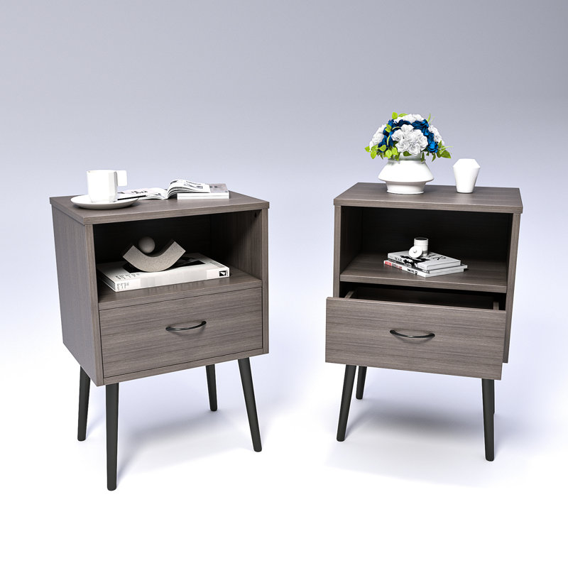 Deux tables de chevet d'apparence grise moderne, une étagère ouverte et un tiroir de rangement, pour les petits salons