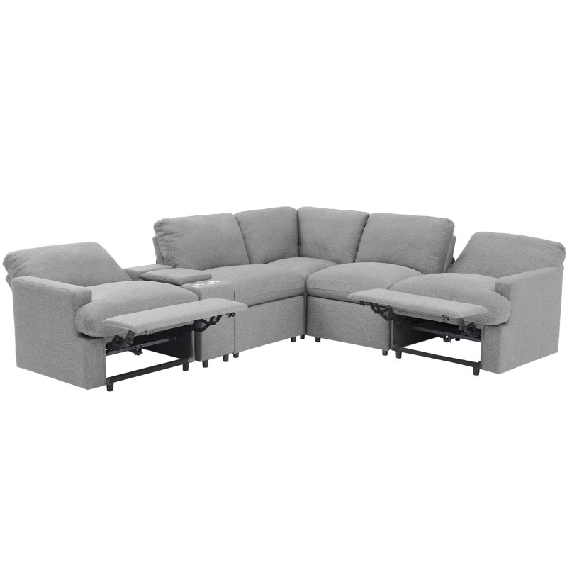 104" Upholstered Power Reclining Sectional with a Multifunction Console, Gray Linen