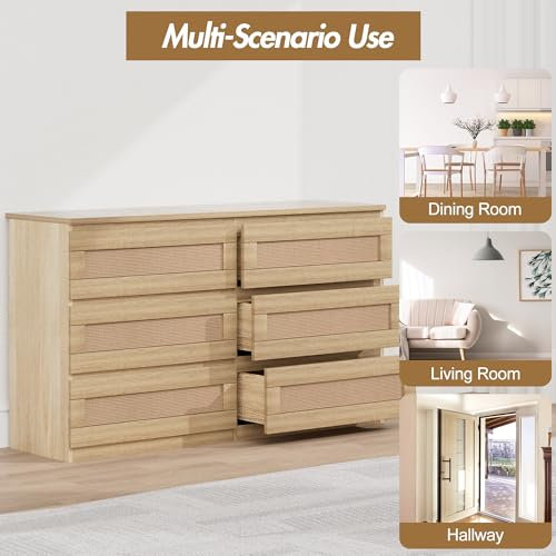 Rattan Dresser for Bedroom with 6 Drawers, 47 in Modern Farmhouse Wide Chest of Drawers, Wood Storage Cabinet Organizer for Closet, Living Room, Hallway