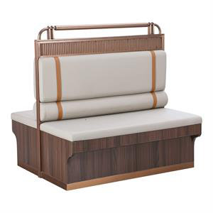 47"L x 46"H Double Melamine Booth with  Cream Upholstered Seat & Back, Rose Gold Stainless Steel Frame and Decorative Wood Paneling