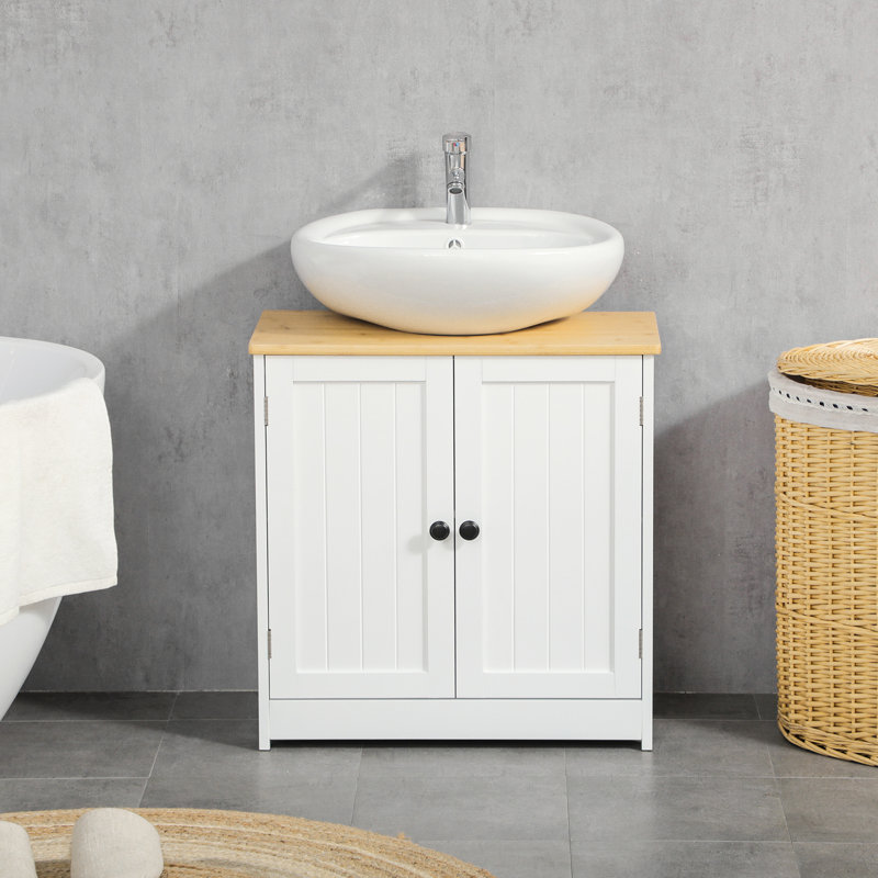 Armoire de salle de bain sous le lavabo en blanc, double porte avec tablette réglable pour rangement mural intelligent