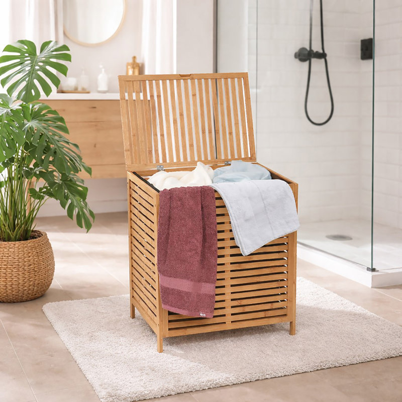 Bamboo Laundry Hamper with Lid, Removable Bag, Slatted Ventilation Design, Large Storage Basket, Perfect for Bathroom or Laundry Room