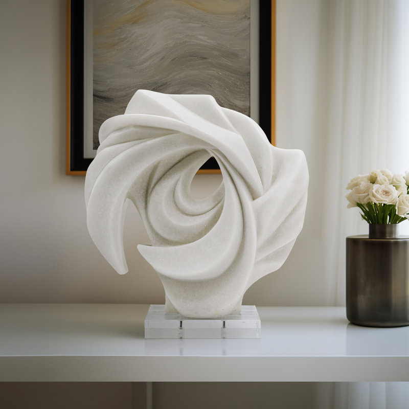 Modern Abstract Swirl Resin Sculpture Object with Glass Base for Home Decor - Decorative Accent for Living Room Decoration - 15", White & Clear