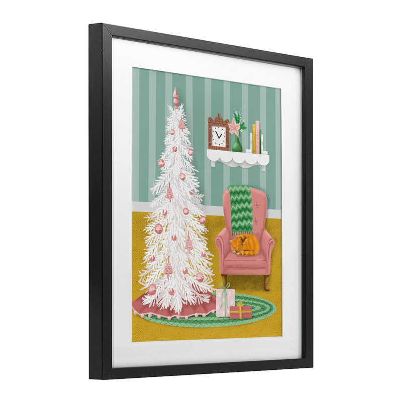 Pink Cozy Christmas Tree Interior Framed Print Under Glass, design by Jilly Jack Designs, Midnight Black Frame, 16" H x 13" W
