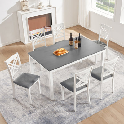 Modern 7-Piece Solid Wood Dining Set with 6 Upholstered Chairs – Grey & White Two-Tone Rectangular Table for 6, Space-Saving Kitchen & Dining Room Set