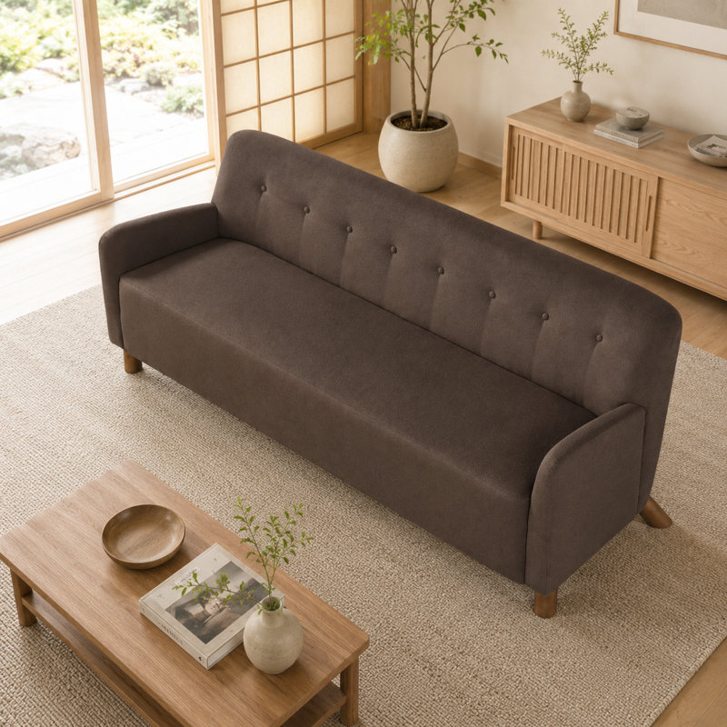 Canapé 3 places moderne Efigenia en lin capitonné beige avec pieds en bois d'hévéa, Brun