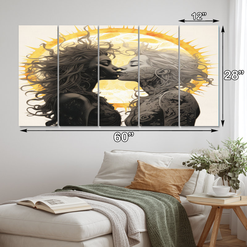 Amoureux s'embrassant au soleil - Illustration rétro sur toile - 5 panneaux égaux