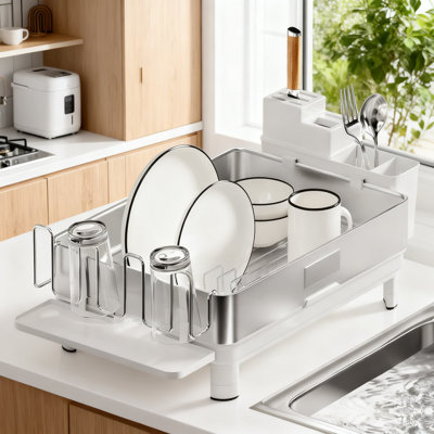 2-Tier Stainless Steel Dish Drying Rack With Automatic Drainage, Utensil Holder And Cup Storage, Space Saving Kitchen Counter Dish Drainer Organizer