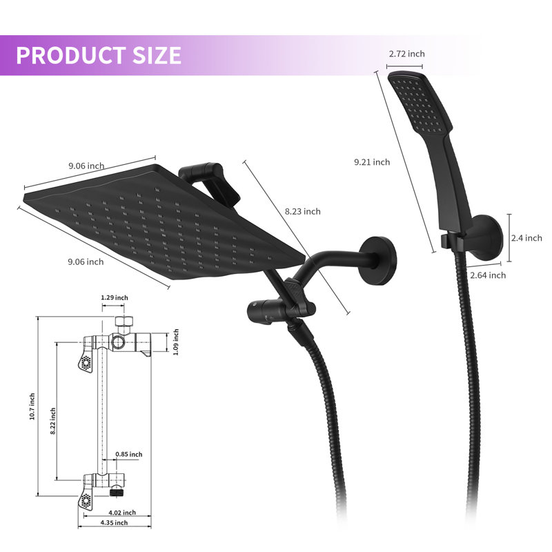 Rainfull 7 In. 8-Spray Patterns Dual Wall Mount Dual Shower Heads And Handheld Shower Head 2.5GPM In Matte Black, Matte Black