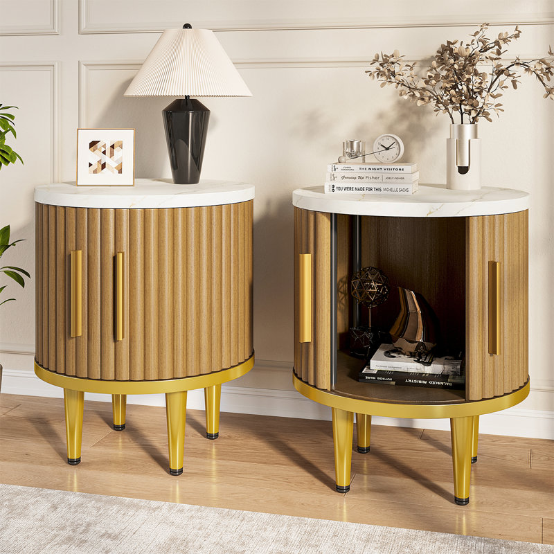 15" Modern Luxury Nightstand, Round Bedside Table, End Table With Sliding Tambour Door And Storage Shelf For Bedroom & Living Room