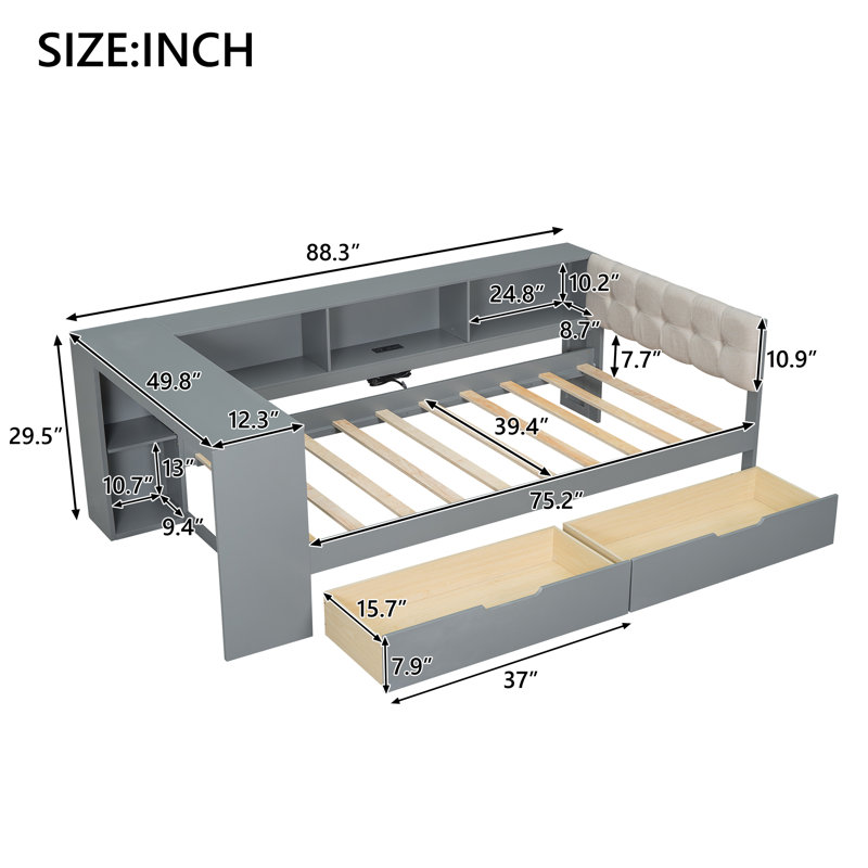 Daybed With Storage And Charging Station, Twin, Gray
