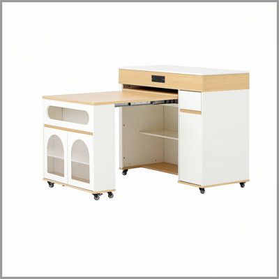 Extendable Dining Table With Extra-Long Folding Top, Rolling Kitchen Island With Drawers, Power Outlet And Brake Lock, Storage Cabinet For Kitchen And