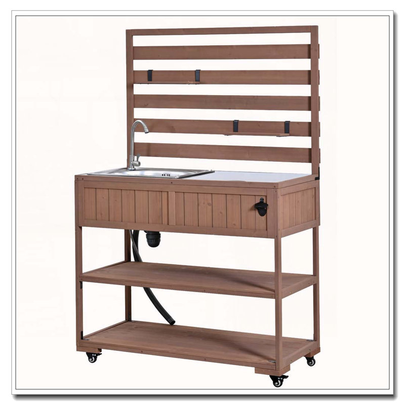 Chariot de cuisine 41,7 po en bois massif avec évier et banc de jardin avec plateau en acier inoxydable 41,7 po, Brown