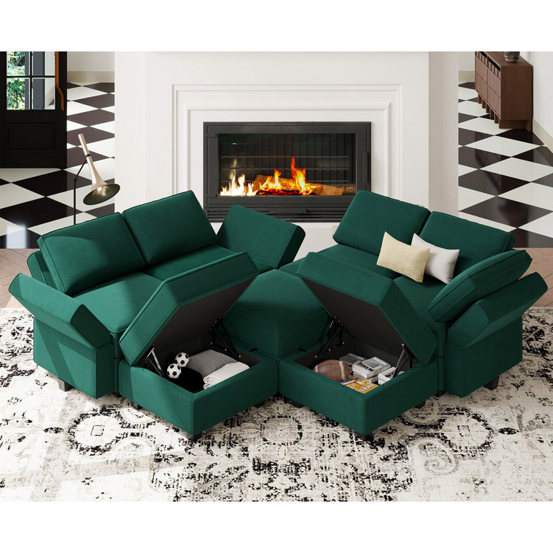 Teangela 90.2'' Variable Sectional Module Love Shaped Upholstered Couch Velvet Sofa with Storage, Green Velvet