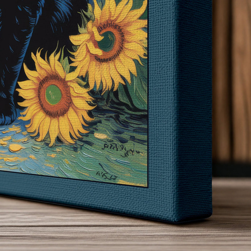 Sacred Cat with Sunflowers Eclectic 1 Piece Wrapped Canvas Wall Art, 30x20 - 76.2 x 50.8 cm, Teal Border