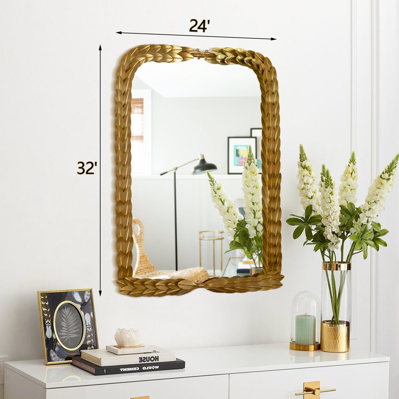 32"×24" Modern Metal Rectangular Flat Wall Mounted Mirror With Leaf-shaped Design For Living Room&Bedroom