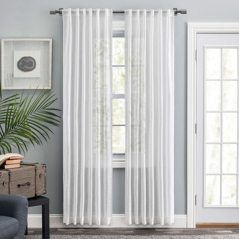 White Sheer Pleated Linen-Polyester Window Curtain Panels, 48" x 84"
