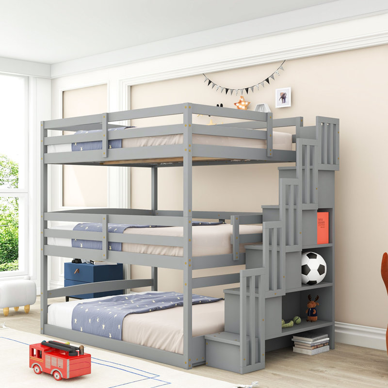 Lit double superposé double en bois avec tablettes et escaliers de rangement, gris