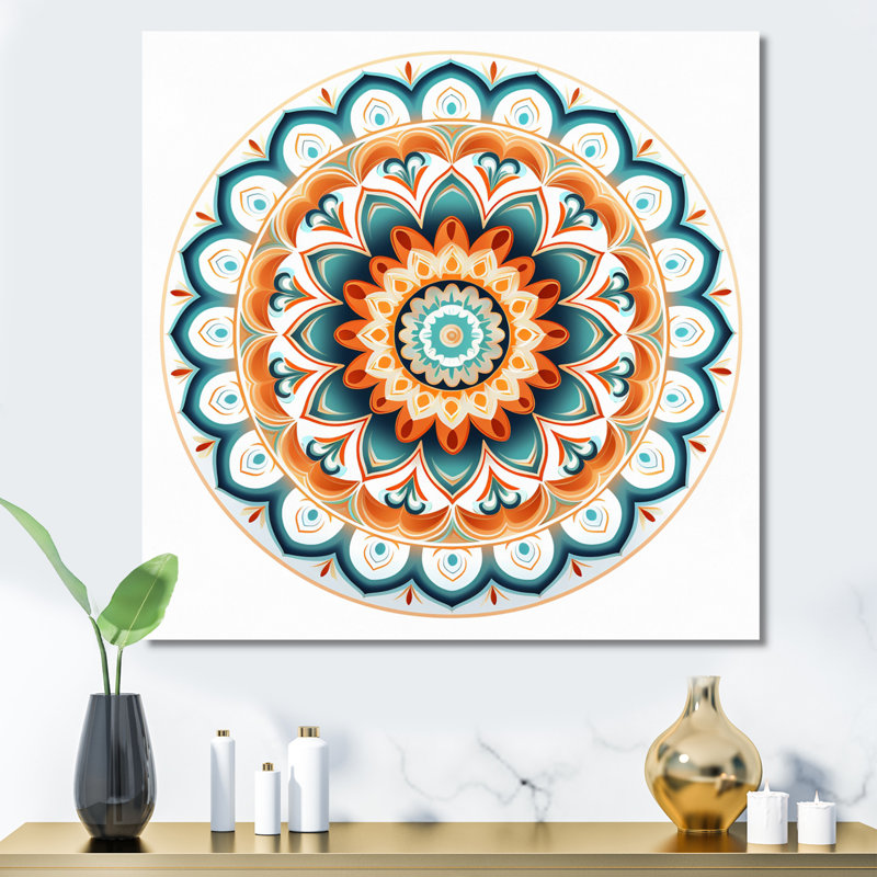 Exquis mandala en rétro bleu et orange I sur impression sur toile, Toile tendue, H 16 po x l 16 po x P 1 po