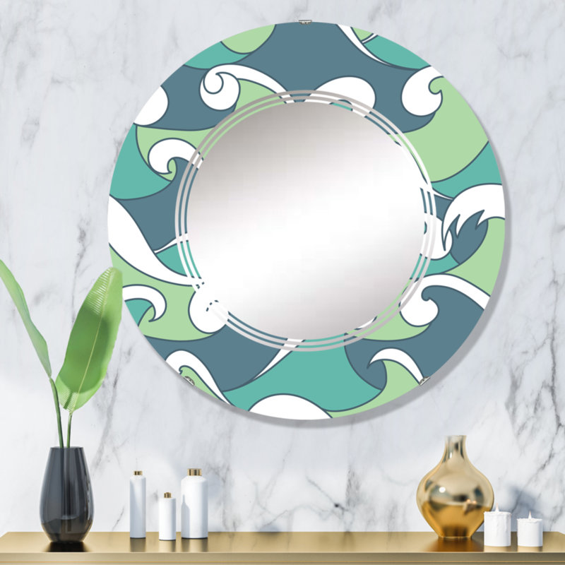 Vagues abstraites vertes et bleues - Miroir mural à motif rond, 32 po x 32 po
