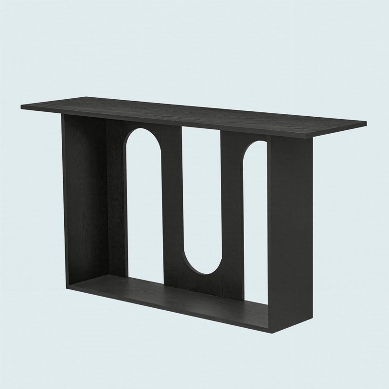 Modern And Curved Design Ash Veneer Console Table With Shelf, Black